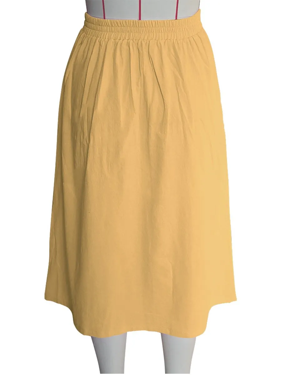 A-lined Buttons Knee Length Midi Skirt with Pockets
