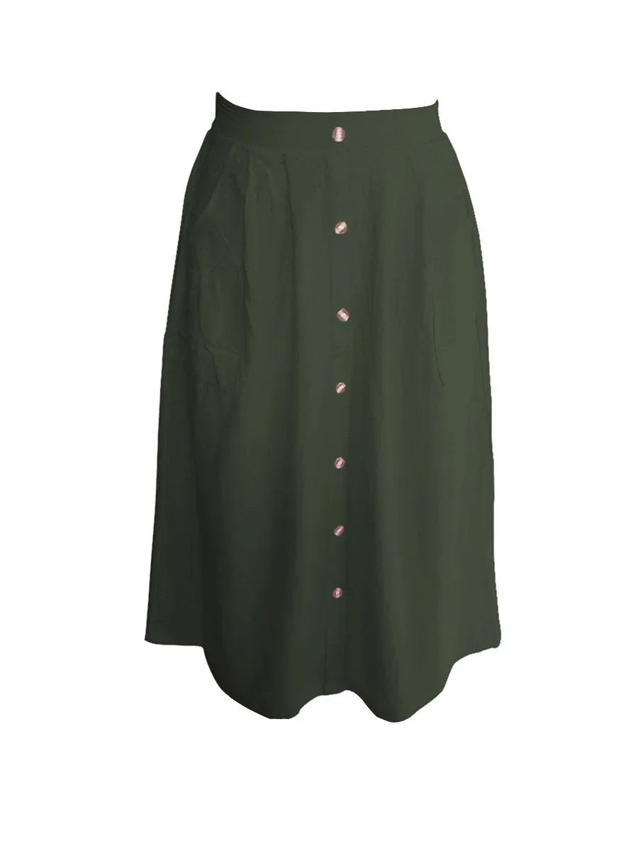 A-lined Buttons Knee Length Midi Skirt with Pockets