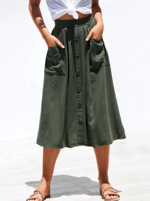 A-lined Buttons Knee Length Midi Skirt with Pockets