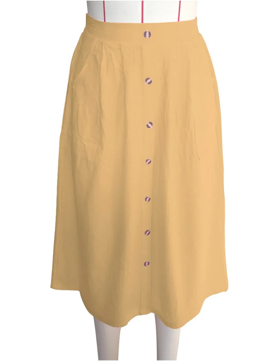 A-lined Buttons Knee Length Midi Skirt with Pockets