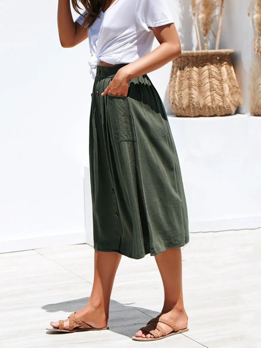 A-lined Buttons Knee Length Midi Skirt with Pockets