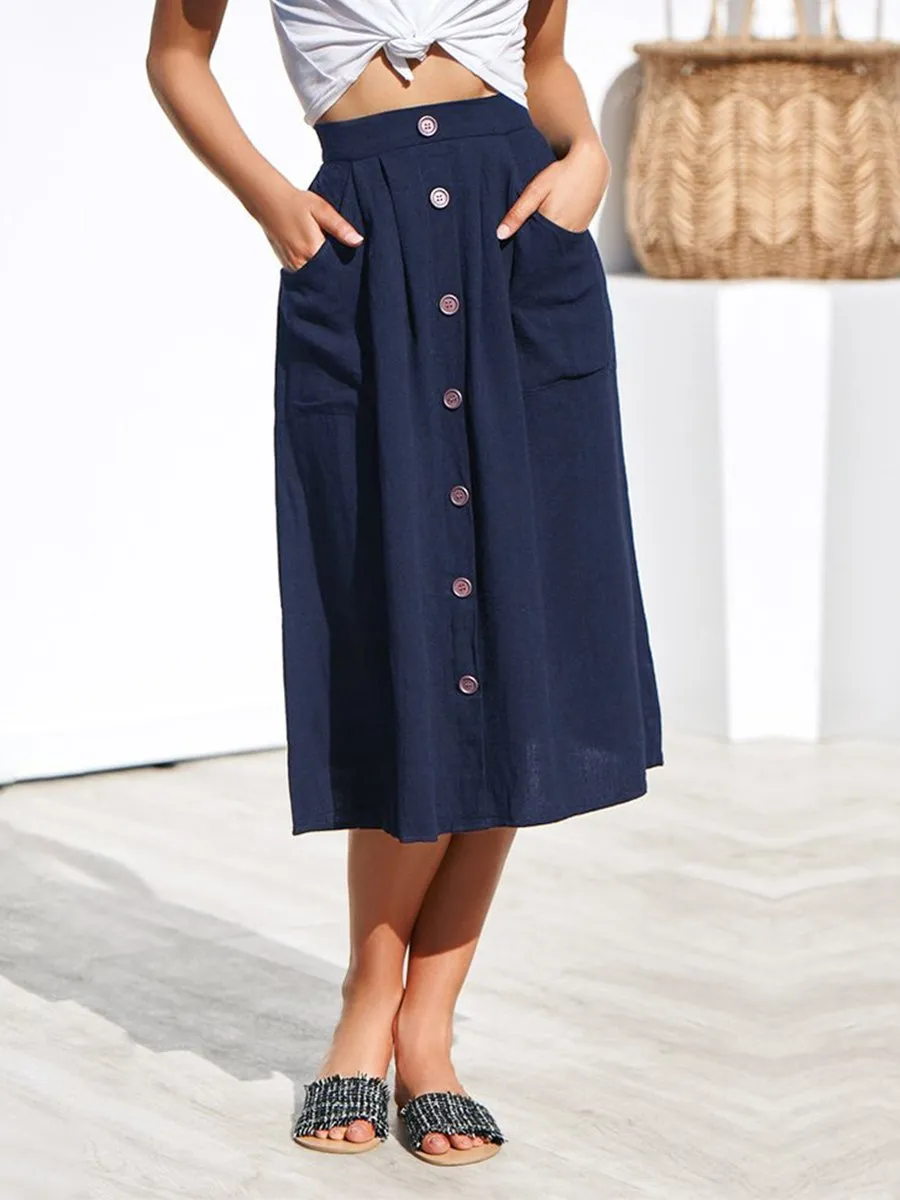 A-lined Buttons Knee Length Midi Skirt with Pockets