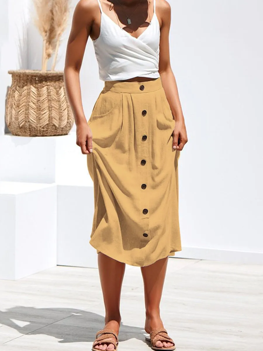 A-lined Buttons Knee Length Midi Skirt with Pockets