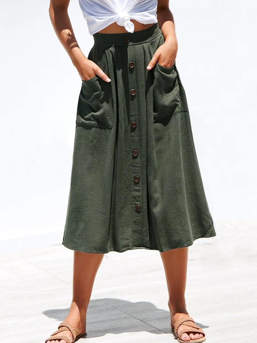 A-lined Buttons Knee Length Midi Skirt with Pockets