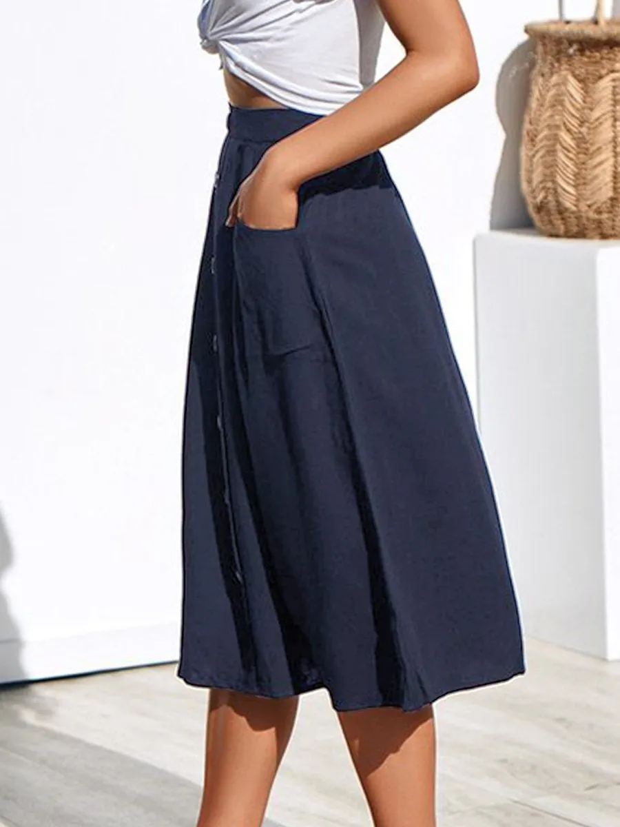 A-lined Buttons Knee Length Midi Skirt with Pockets