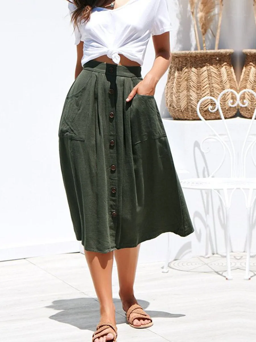 A-lined Buttons Knee Length Midi Skirt with Pockets