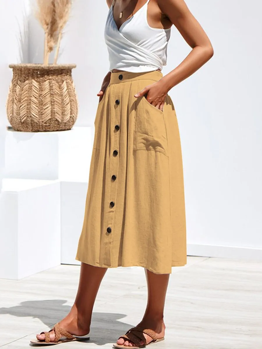 A-lined Buttons Knee Length Midi Skirt with Pockets