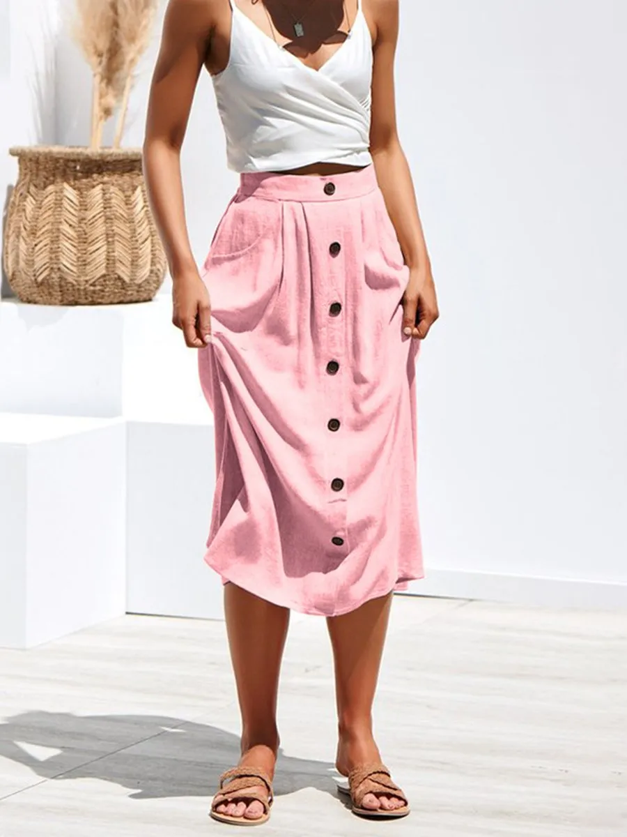 A-lined Buttons Knee Length Midi Skirt with Pockets