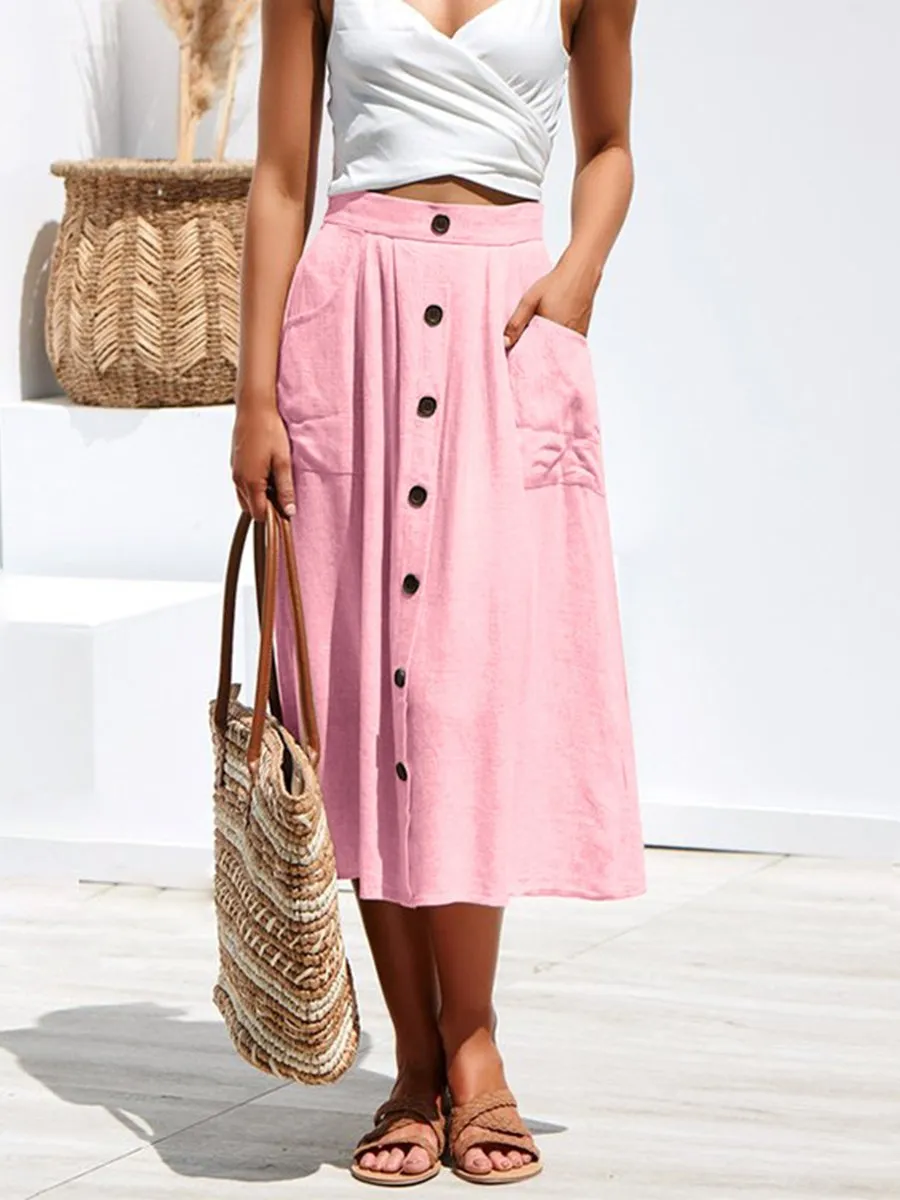 A-lined Buttons Knee Length Midi Skirt with Pockets