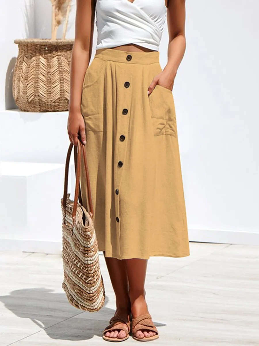 A-lined Buttons Knee Length Midi Skirt with Pockets