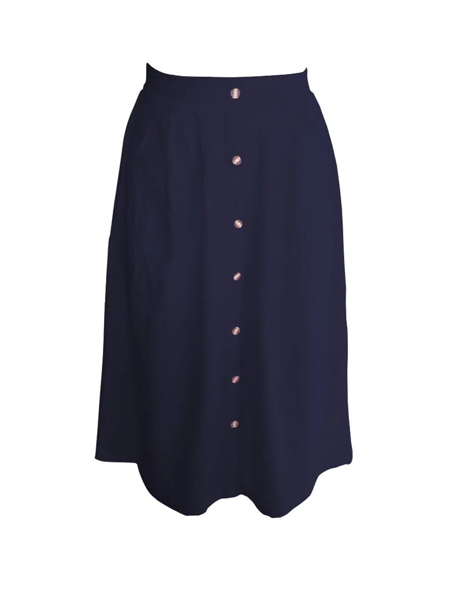 A-lined Buttons Knee Length Midi Skirt with Pockets