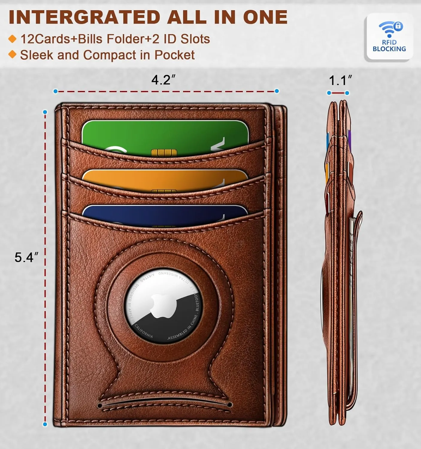 BULLIANT Men Airtag Wallet,Slim Wallet Money Clip Card Holder Magnetic Closure 12 Cards in Front Pocket RFID Blocking
