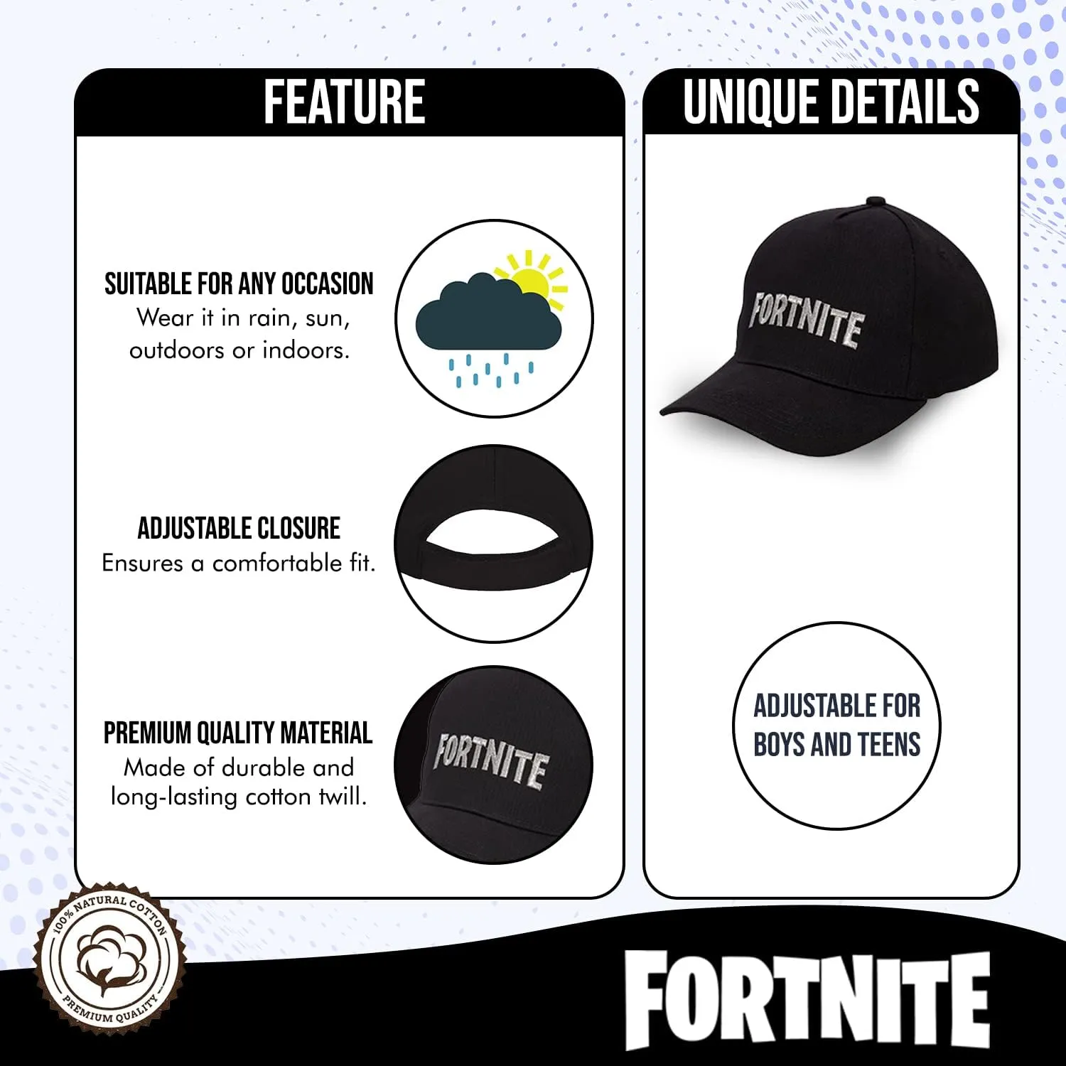 FORTNITE Baseball Cap for Boys, Quality Made Boys Hat and Fitted Cap, Flatbrim Baseball Hat with Sleek Design