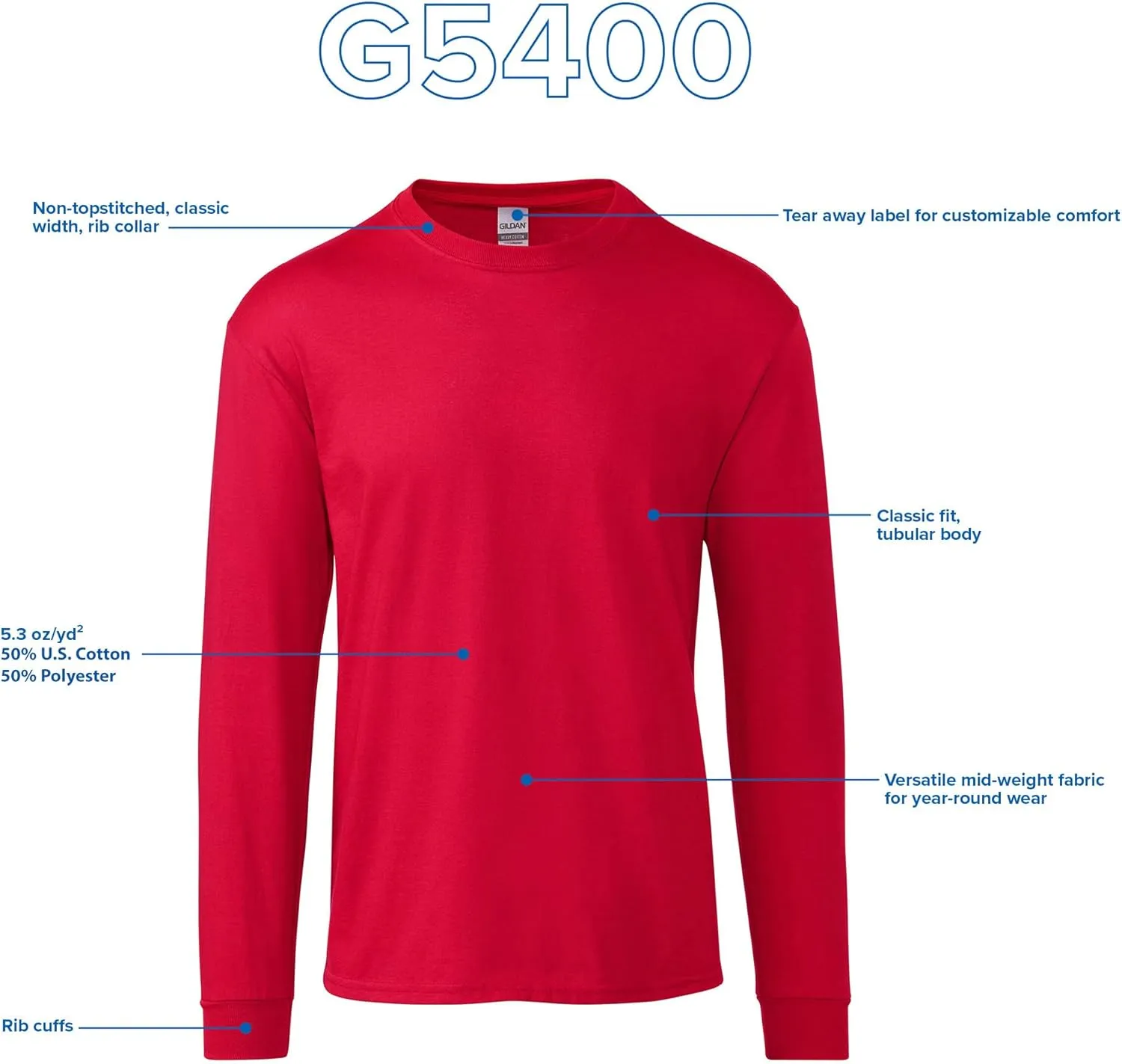 Gildan Adult Heavy Cotton Long Sleeve T-Shirt, Style G5400, 2-Pack