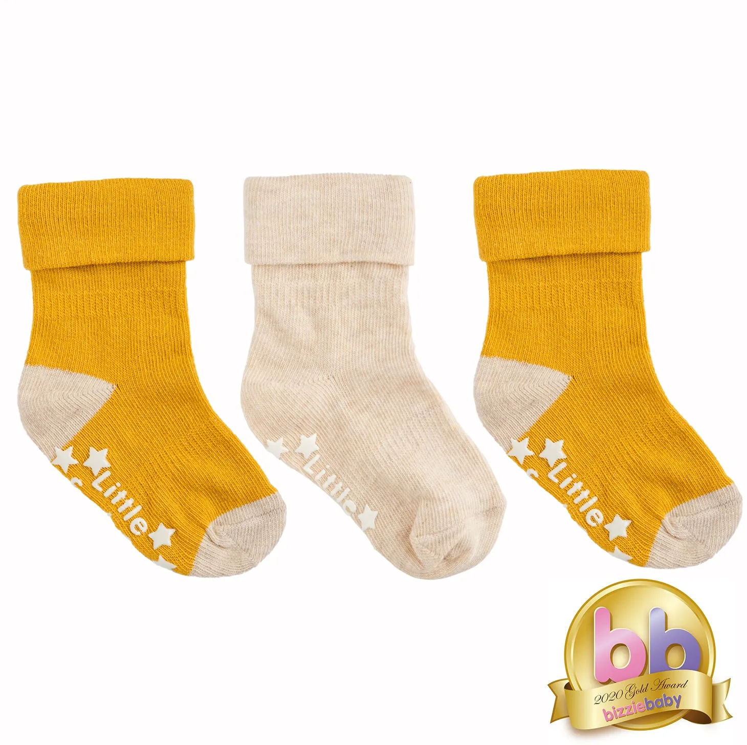 Non-Slip Stay On Baby and Toddler Socks - 3 Pack in Mustard and Oatmeal