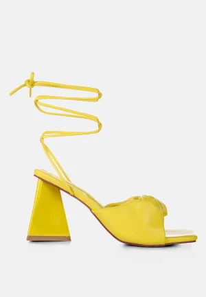 primavera ruched strap triangular heel lace up sandal