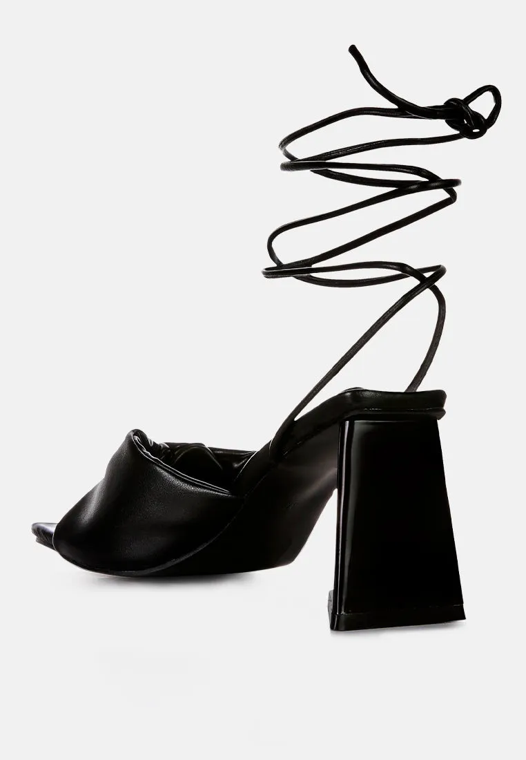 primavera ruched strap triangular heel lace up sandal