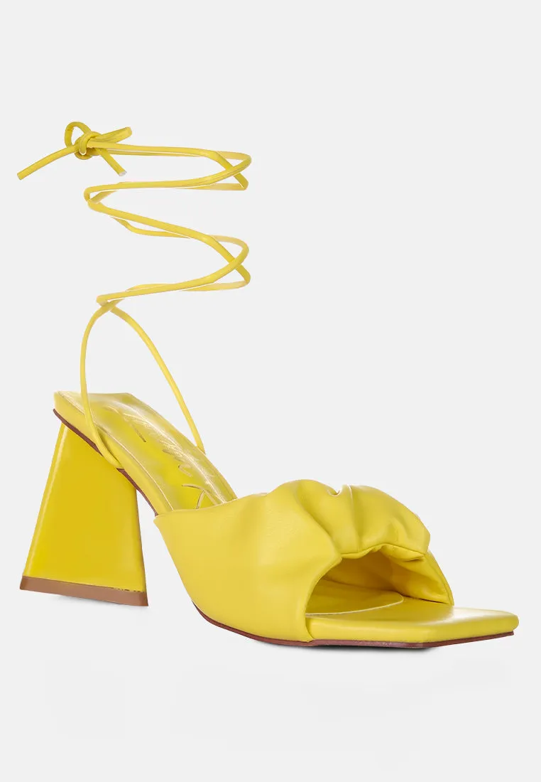 primavera ruched strap triangular heel lace up sandal
