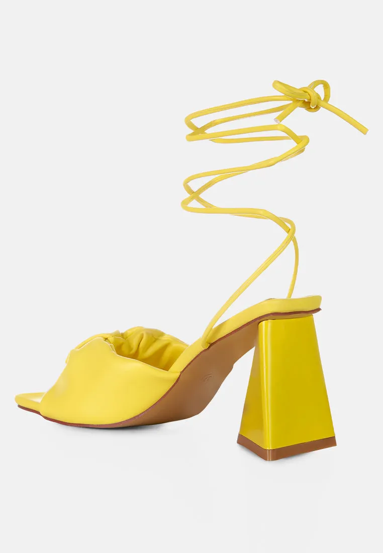 primavera ruched strap triangular heel lace up sandal