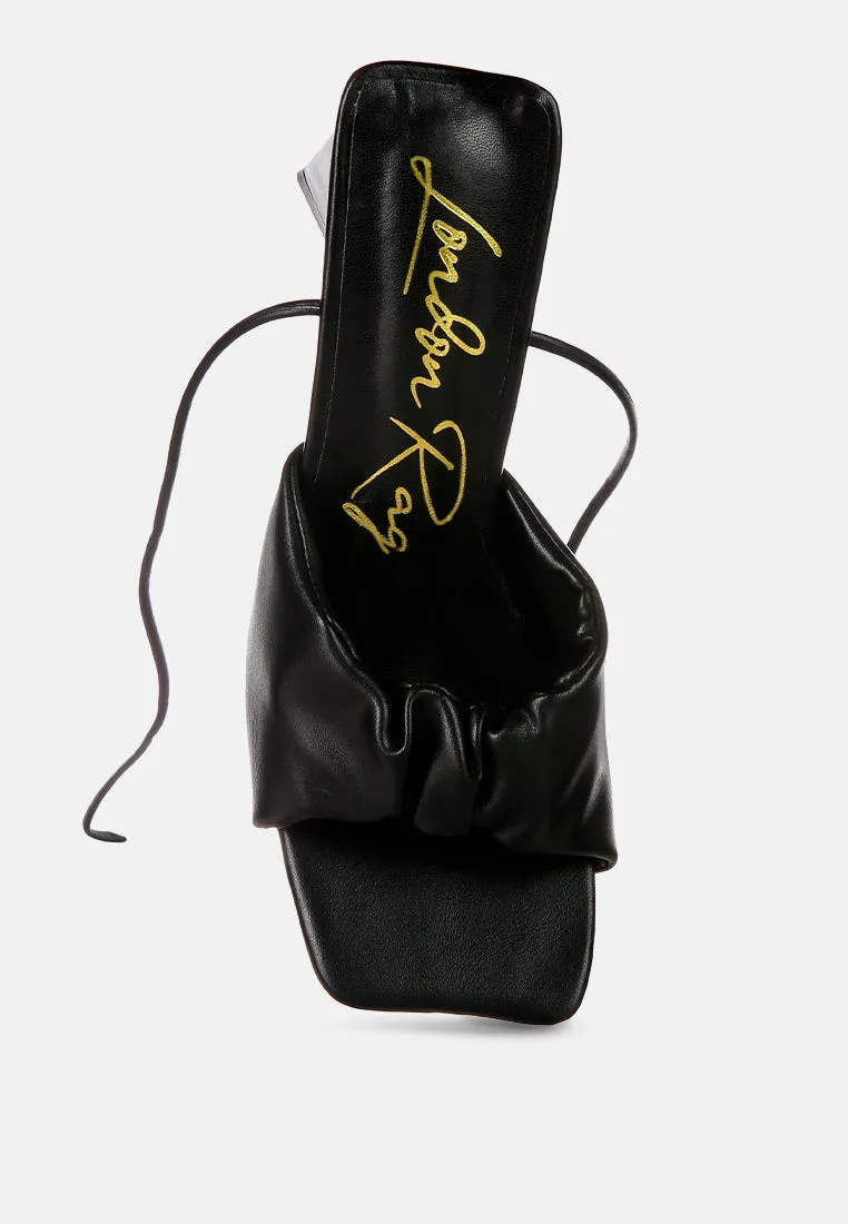 primavera ruched strap triangular heel lace up sandal