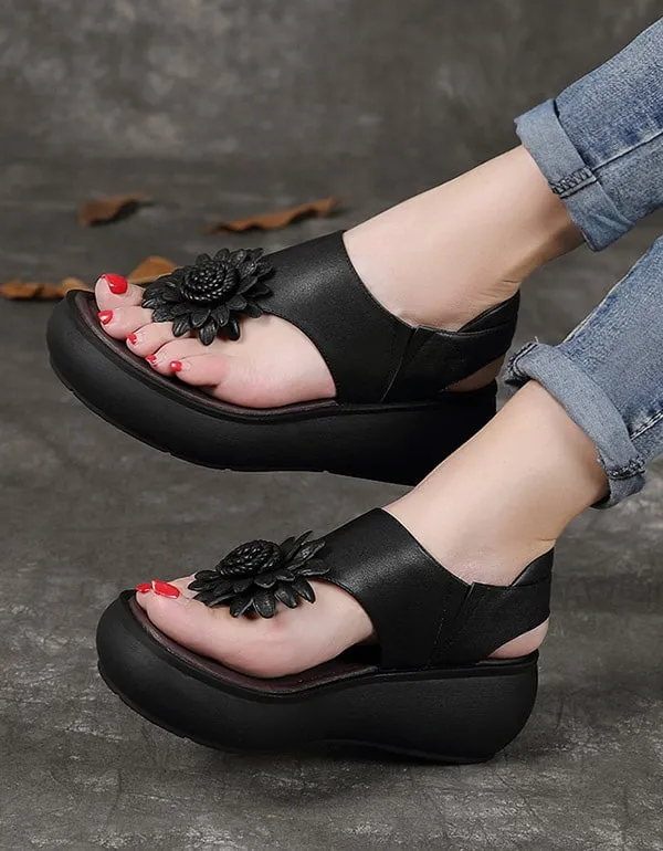 Retro Leather Summer Flip-Flop Wedge Sandals