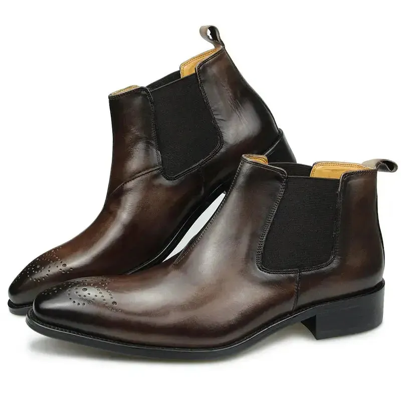Romano - Men's Chelsea leather ankle boots with broguing (slip on)