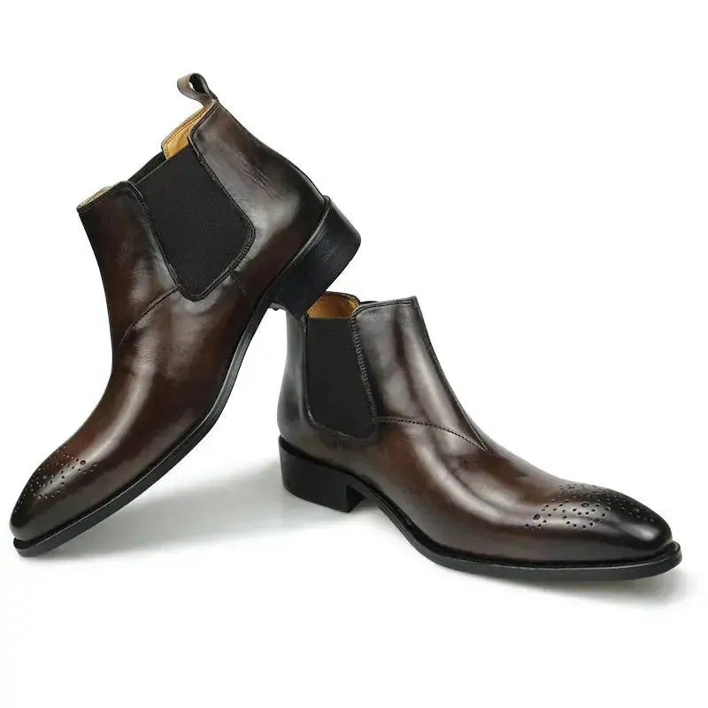 Romano - Men's Chelsea leather ankle boots with broguing (slip on)