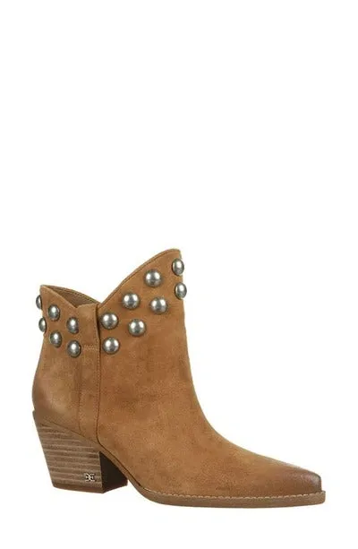 Sam Edelman Wildie Camel Suede Studs Slip On Pointed Toe Block Heel Ankle Boots