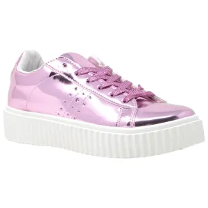 SOBEYO Women's Sneakers Lace-up 6 Eyelets Platform Patent Shoes Pink