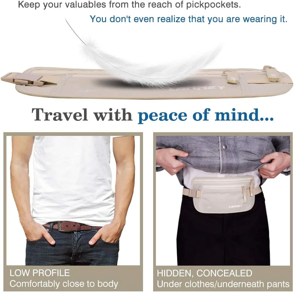 Travel Money Belt Hidden Waist Stash Wallet RFID Blocking Anti-Theft Passport Holder for Men Women, Cream