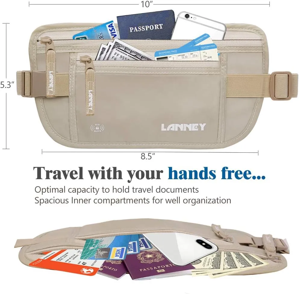 Travel Money Belt Hidden Waist Stash Wallet RFID Blocking Anti-Theft Passport Holder for Men Women, Cream