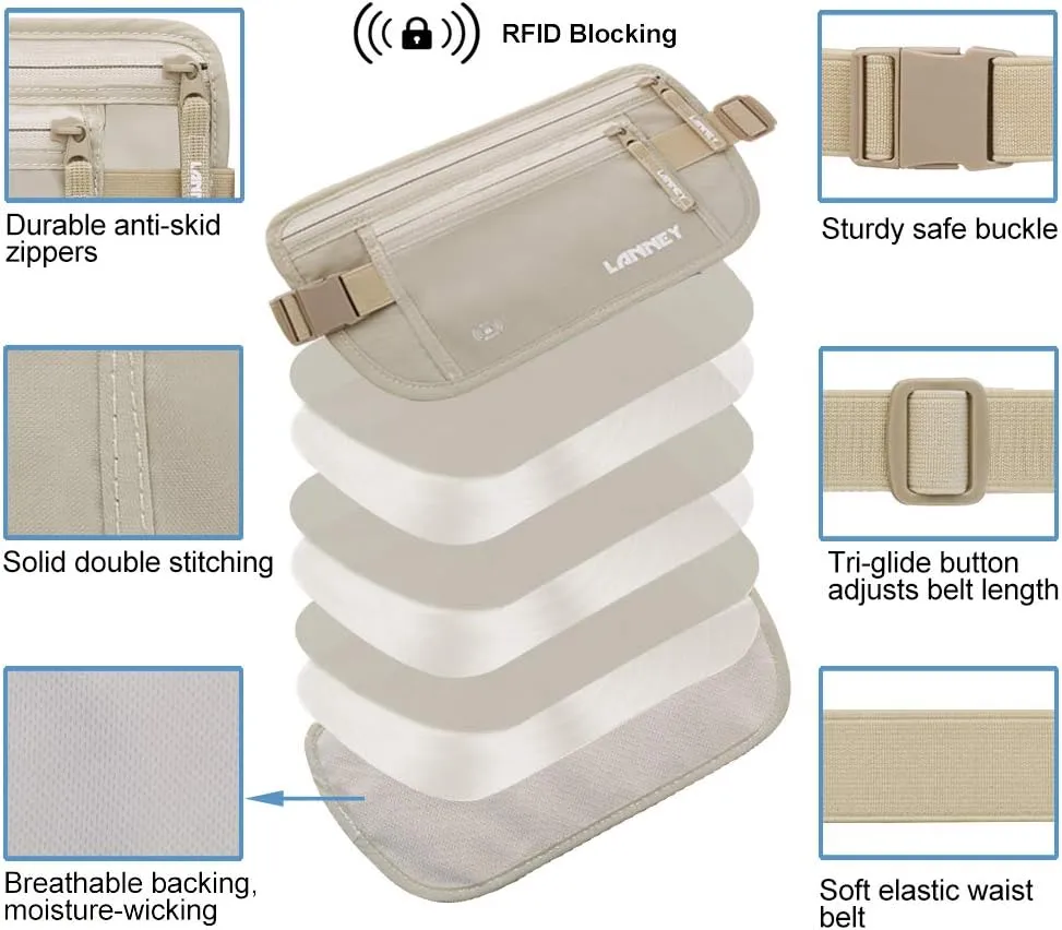 Travel Money Belt Hidden Waist Stash Wallet RFID Blocking Anti-Theft Passport Holder for Men Women, Cream
